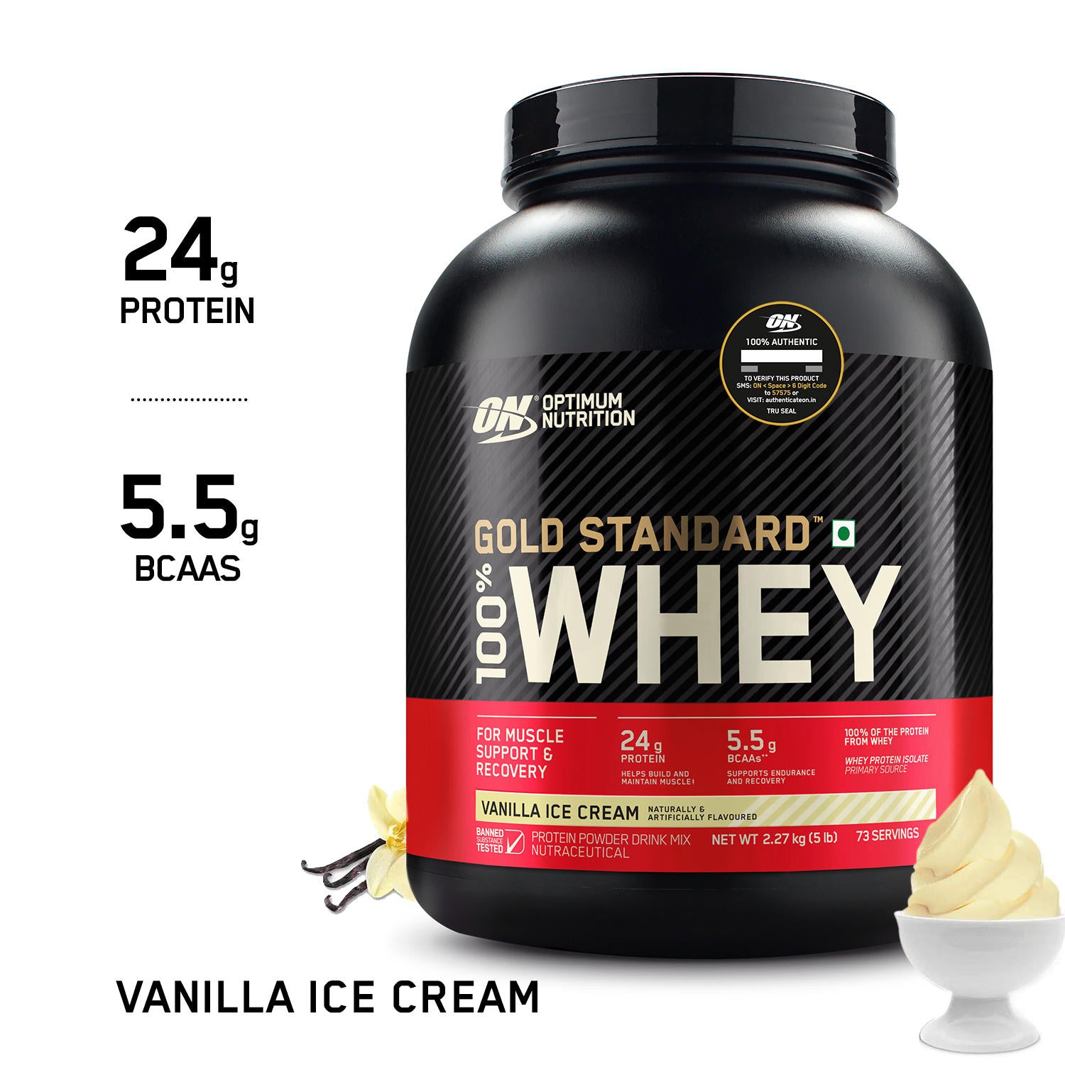 Gold Standard 100% Whey Protein Powder Vanilla Ice Cream 5 lbs (2.27kg)